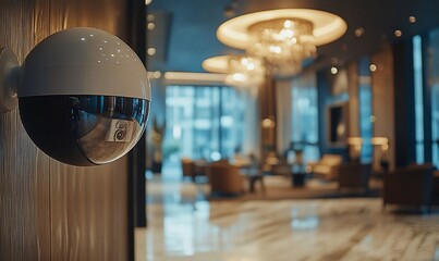 Aufkleber - A security camera mounted on a wooden wall in a modern building lobby with blurred background.