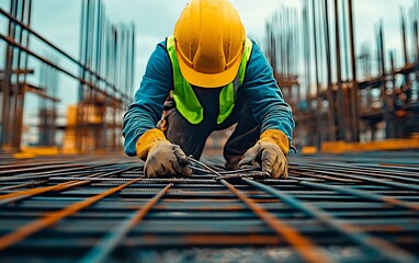 Poster - Construction Worker Fastens Rebar with Precision on Building Site Steel Framework : Generative AI