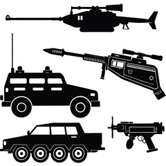 military vehicles and firearms vector icon silhouette vector illustration on black and white.