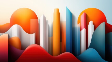 A minimalist artistic cityscape combines colorful towering structures with a surreal landscape of flowing shapes and gradients, encapsulating creativity and modern boldness.