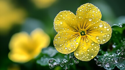 Poster - Closeup of Yellow Flower with Water Droplets in Green Foliage Macro Photography : Generative AI