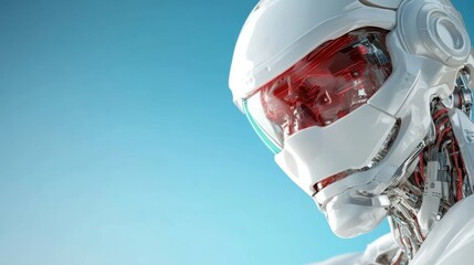 A futuristic robot head featuring a bold red visor set against a cyan background, embodying advanced technology and robotic sophistication in modern design.