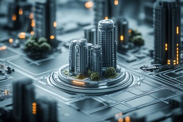 Aufkleber - Futuristic Urban City with Skyscrapers and Digital Circuit Board Design : Generative AI
