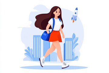 young woman walks confidently with blue bag and red skirt, symbolizing new beginnings and aspirations. background features modern buildings and rocket, representing future possibilities