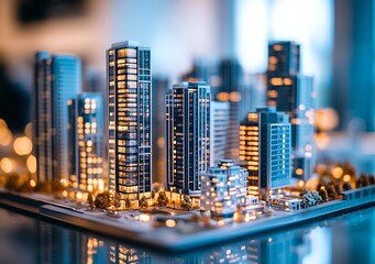 Poster - Illuminated Modern Skyscrapers in Cityscape Model at Dusk : Generative AI