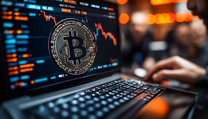 Poster - Bitcoin Cryptocurrency Trading on Laptop Display with Graph in Background : Generative AI