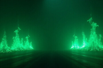 Wall Mural - gloomy background with green neon fire spreads from both sides