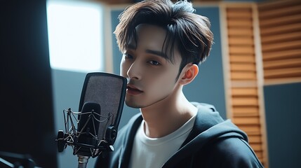 Poster - Talented Male Vocalist Singing in Studio with Professional Microphone Setup : Generative AI