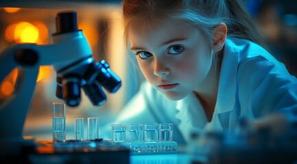 Aufkleber - Inquisitive Young Scientist Exploring Modern Laboratory with Microscope : Generative AI