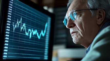 Fototapete - Elderly Man Analyzing Stock Market Data on Computer Screen : Generative AI