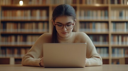 Poster - Young Woman in Library Using Laptop Depicting Modern Learning and Research in Educational Setting : Generative AI