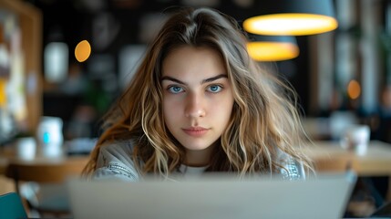 Aufkleber - Focused Woman with Wavy Hair Working Intently on Laptop in Cozy Cafe Setting : Generative AI
