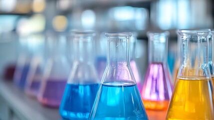 Poster - Row of Vibrant Laboratory Flasks with Colorful Liquids Exploring Science and Chemistry Experiment : Generative AI