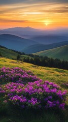Aufkleber - Stunning Mountain Landscape with Colorful Wildflowers at Sunrise : Generative AI