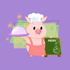 Friendly pig holding restaurant dish and presenting menu. New year dinner concept. Vector illustration can be used for festive posters, restaurant flyers, party or dinner invitations