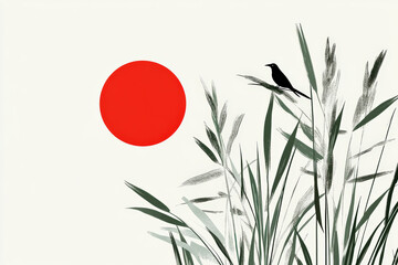 serene scene featuring silhouette of bird perched on tall grass against vibrant red sun. This artwork symbolizes new beginnings and resilience in nature