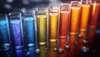 Poster - Colorful Chemical Material in Test Tubes with Glittering Solution on Laboratory Bench : Generative AI