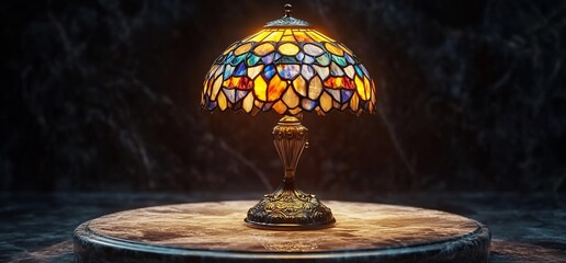 Poster - A stained glass lamp with a warm glow sits on a wooden pedestal against a dark backdrop.