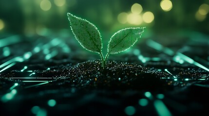 Aufkleber - Futuristic Technology Meets Nature Green Plant Surging from Microchip : Generative AI
