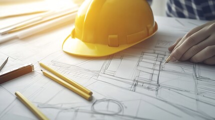 Poster - Yellow Construction Hard Hat on Technical Engineering Desk With Blueprints and Drafting Tools : Generative AI