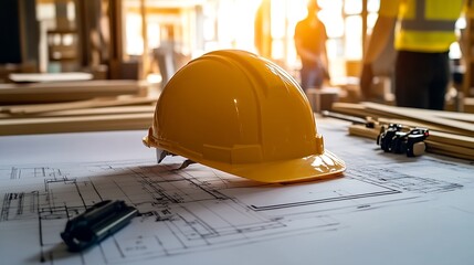 Poster - Construction Site Blueprint with Yellow Hard Hat and Architectural Drafts : Generative AI