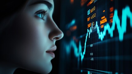 Poster - Close Up of Young Woman Analyzing Financial Data on a Digital Screen for Stock Market Insights : Generative AI