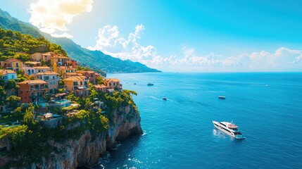 Wall Mural - coastal village overlooking a serene blue sea under a bright sky.