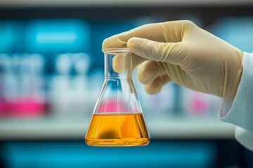 Poster - Scientist holding flask with orange liquid in modern laboratory setting : Generative AI
