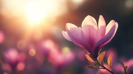 Poster - Peaceful magnolia flower glowing in golden sunrise atmospheric fields of light : Generative AI