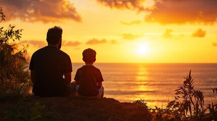 Wall Mural - father and son enjoying a sunset by the ocean, peaceful and serene atmosphere.