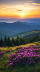 Aufkleber - Breathtaking Sunrise Over Mountains with Blooming Wildflowers : Generative AI