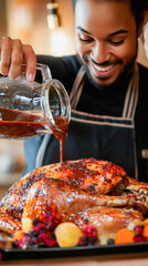 Wall Mural - Chef pouring gravy on roasted turkey for thanksgiving dinner celebration