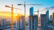 © The Little Hut - Construction cranes with cityscape at sunset in urban development project : Generative AI
