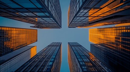 Poster - Symmetrical View of Tall Glass Skyscrapers Reflecting Orange Light in City Center : Generative AI