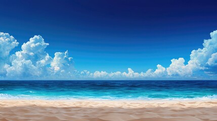 Wall Mural - scenic beach view with blue sky and ocean waves, white sand, and fluffy clouds.