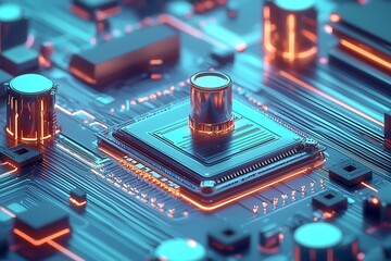 Leinwandbilder - Futuristic Circuit Board with Glowing Elements and Key Component Central to Technology : Generative AI