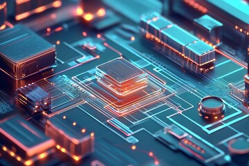 Fototapete - Innovative Circuit Board Design with Futuristic Glowing Elements for Modern Technology : Generative AI