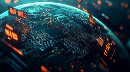 Poster - Digital Circuitry Globe Reflecting Technological Advancements in Modern Age : Generative AI