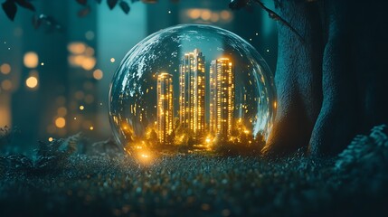 Fototapete - Glowing Urban Skyscrapers Enclosed in a Glass Dome Fantasy Art : Generative AI