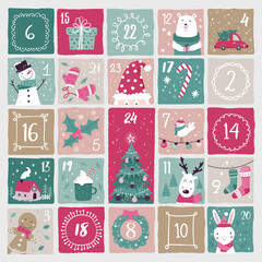 Cute hand drawn Christmas advent calendar. Lovely doodle drawings, vector design