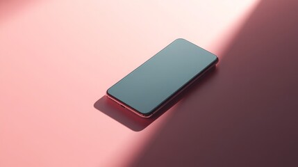Poster - A black smartphone is lying flat on a light pink surface with a beam of light casting a shadow across the phone.