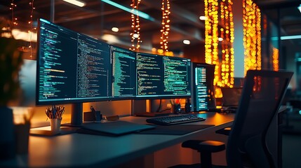 Poster - High Tech Workspace with Quadruple Monitors Showcasing Code with Warm Lighting in Contemporary Office : Generative AI