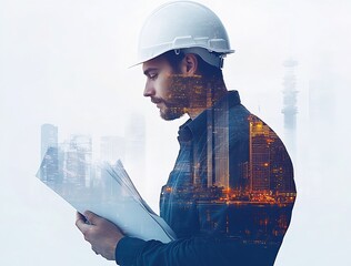 Poster - Architectural Engineer Analyzing Blueprints Amidst Cityscape Background : Generative AI