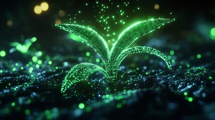 Aufkleber - Close-Up of Green Cyber Plant with Luminous Details in a Digital Landscape : Generative AI