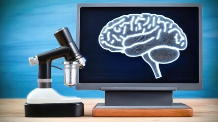 Poster - Human brain hologram projected in a laboratory setting, representing biotechnology advancements in neuroscience
