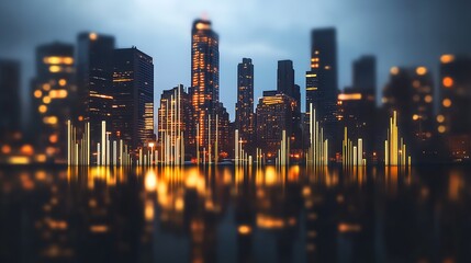 Poster - Vibrant city night skyline with colorful lights reflecting in serene water : Generative AI