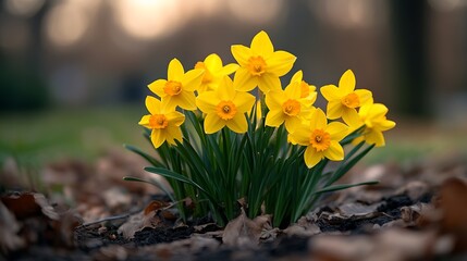 Poster - Yellow Daffodil Bouquet in Natural Setting Signifying Spring Renewal and Growth : Generative AI