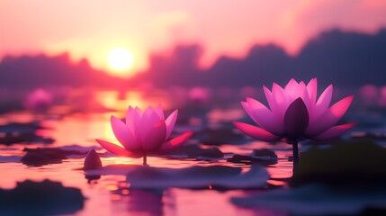Poster - Vibrant Pink Lotus Flowers Illuminated by Glowing Sunset on Water : Generative AI