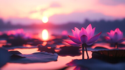 Poster - Graceful Lotus Flowers in Soft Light of Setting Sun on Reflective Water : Generative AI