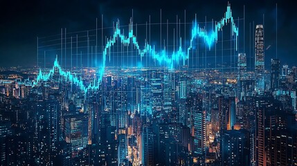 Poster - Urban Skyscrapers Illuminated with Stock Market Trends at Midnight : Generative AI